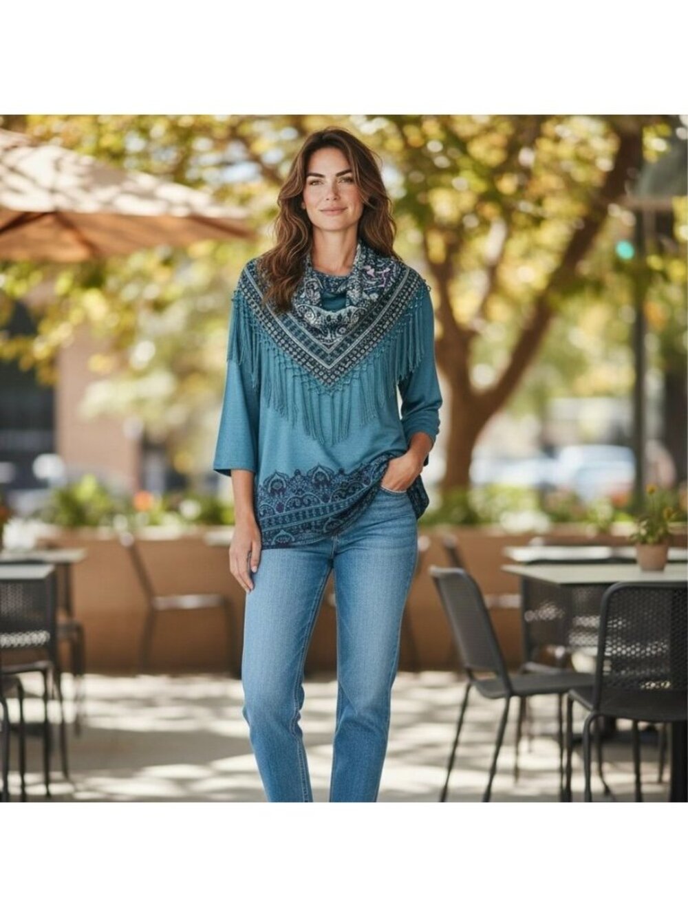 Paisley Tunic Top With Fringe Scarf 1X Blue One World Boho Peasant Gypsy Style